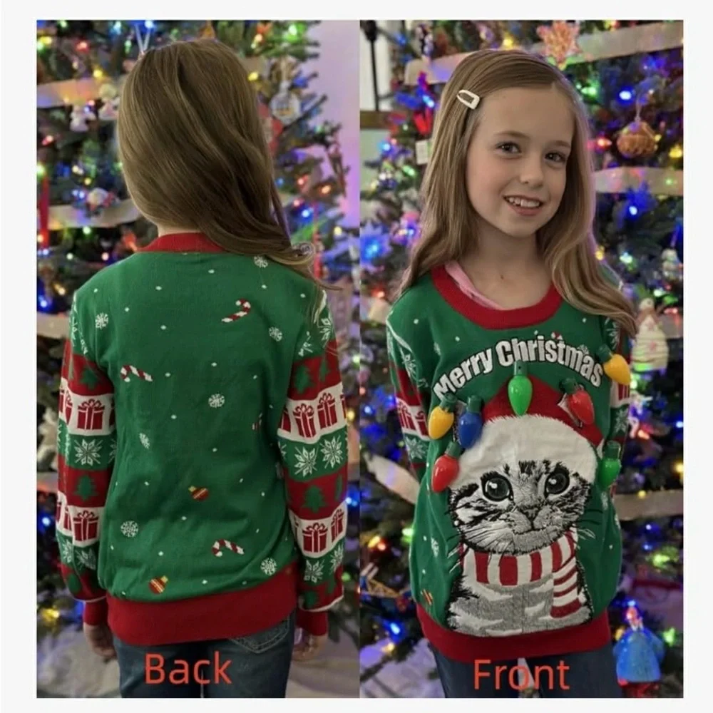 Unisex kids size 5-6 Cat Christmas Sweater with LED lights with 6 modes
